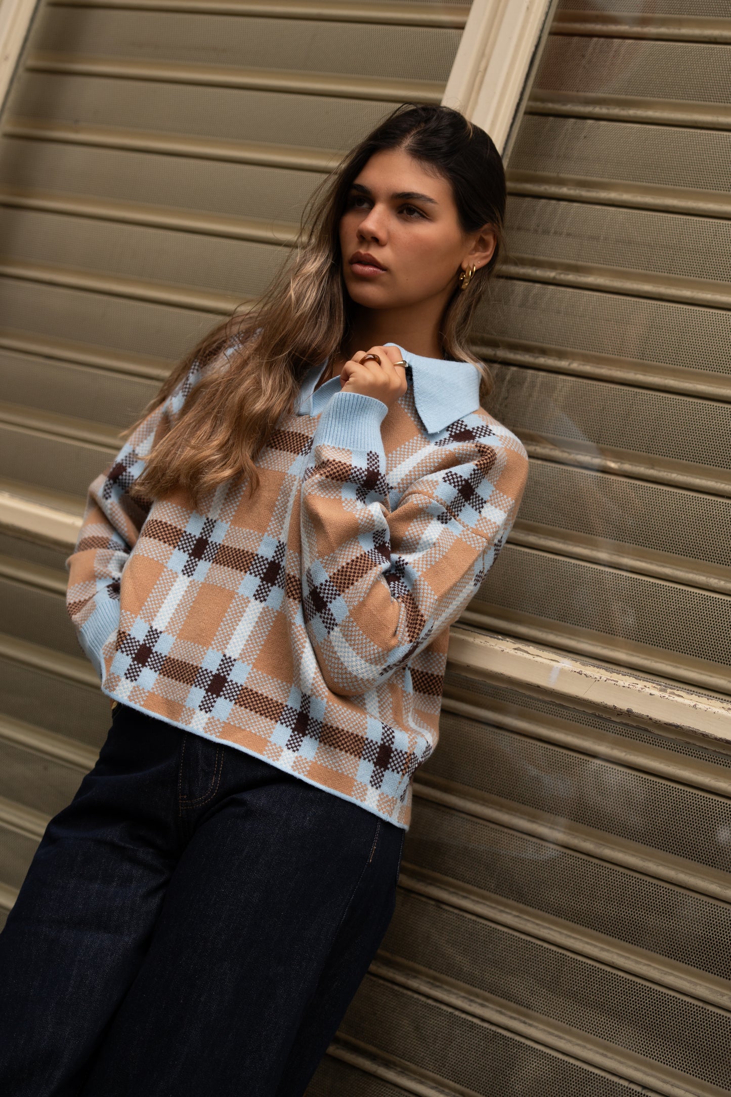 Camisola Malha Xadrez Gola Azul