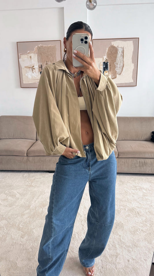 Chaqueta de murciélago de cuero beige melocotón