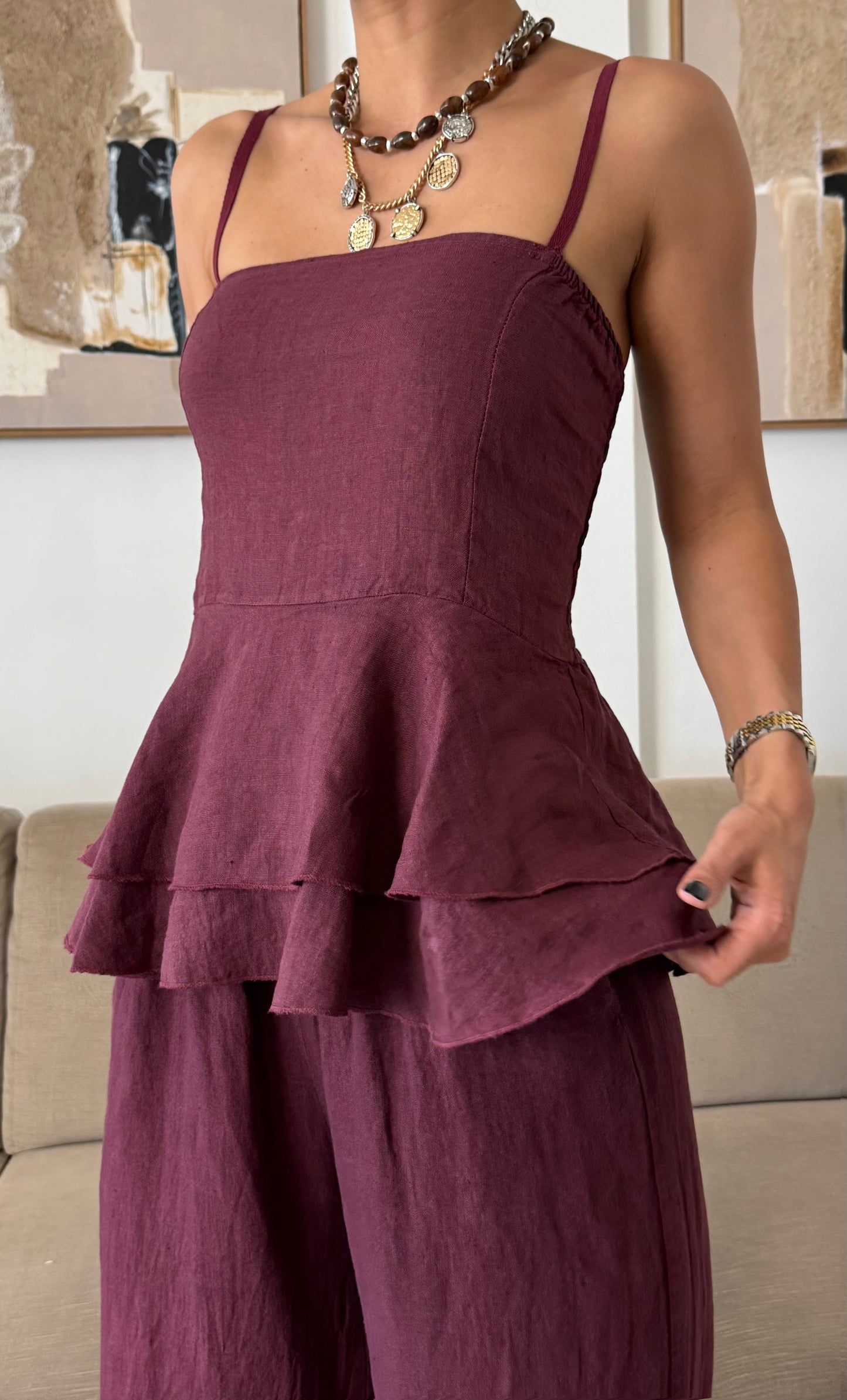Bordeaux Linen Ruffled Top Set