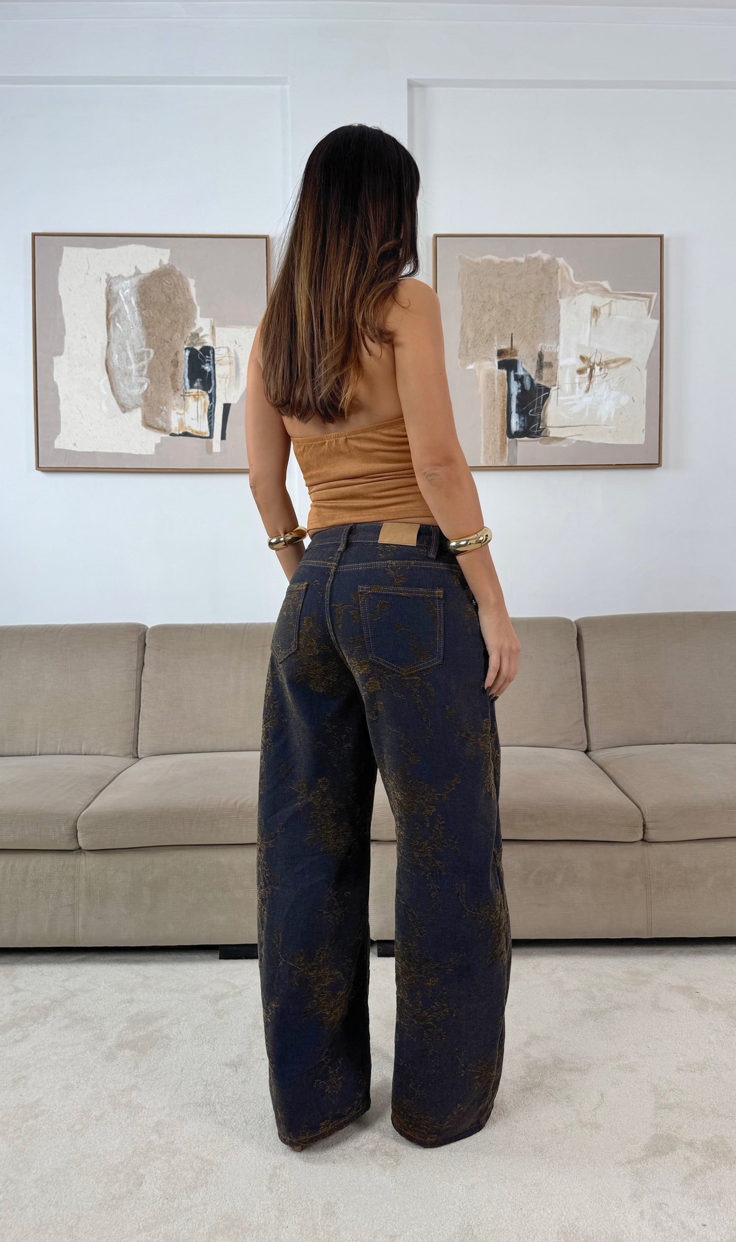 Calças Balloon Padrão Flores Aveludado