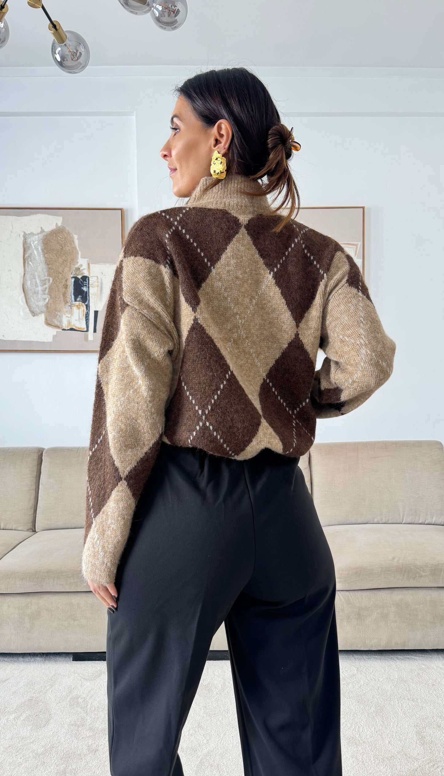 Oversized Argyle Knit Sweater - Terra