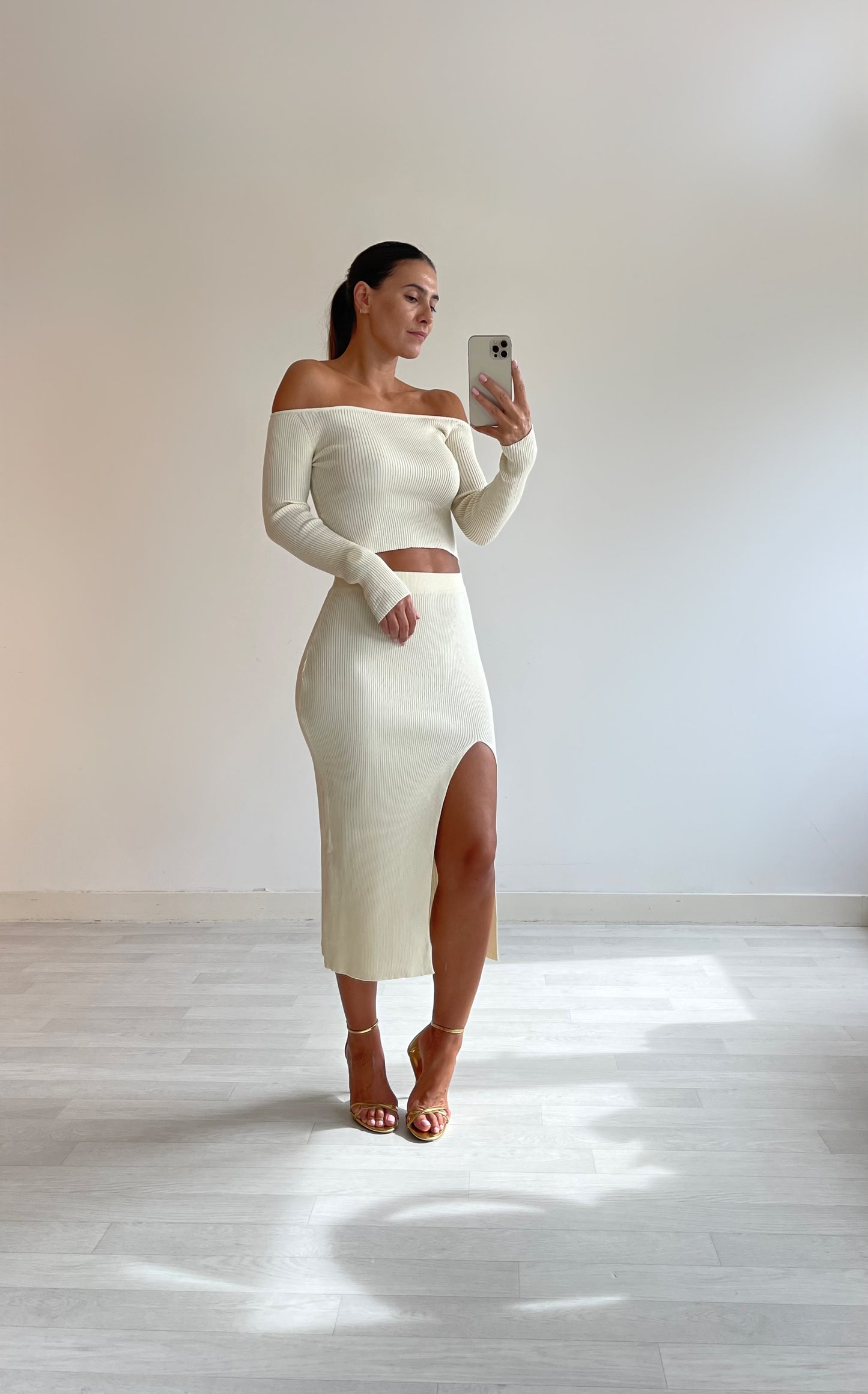 Off-white midi skirt and camisole set