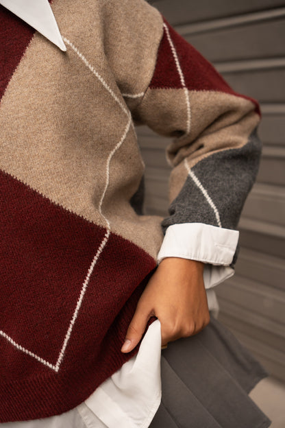 Camisola Malha Padrão Argyle Tom Bordeaux