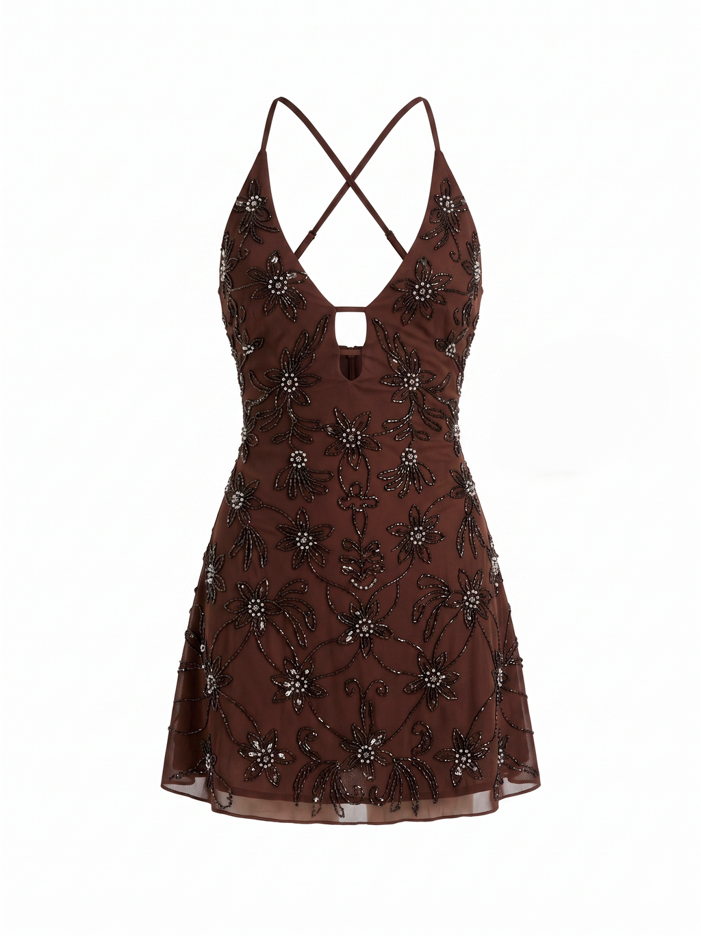 Braunes Kleid mit Perlen.