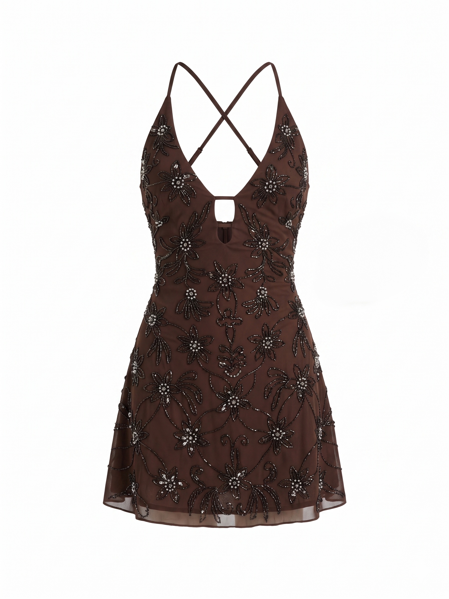 Braunes Kleid mit Perlen.
