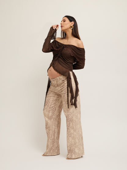 Spodnie z szerokimi nogawkami, wzór Bambi, zniszczone