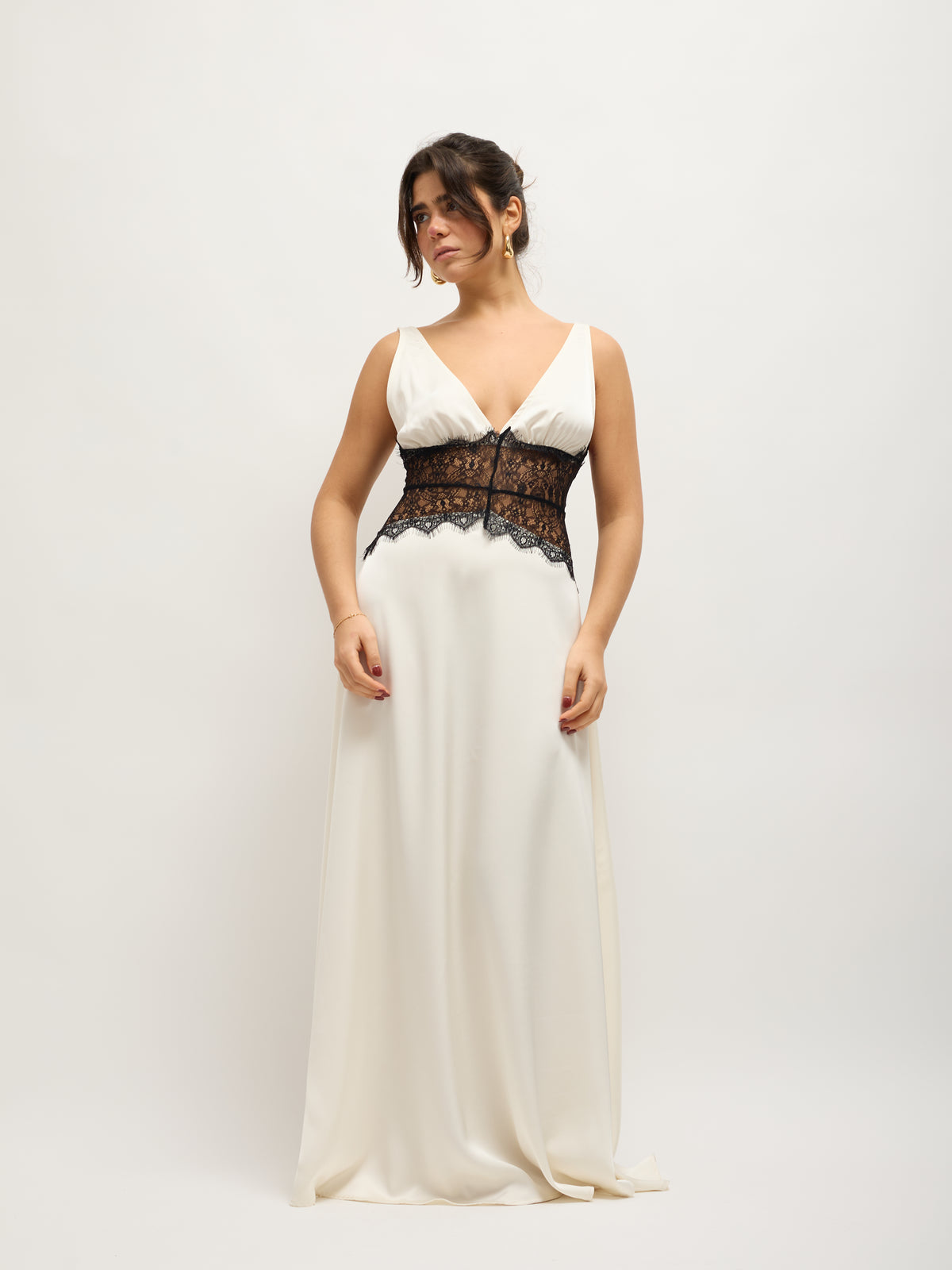 Cream Satin Dress with Lace Detail