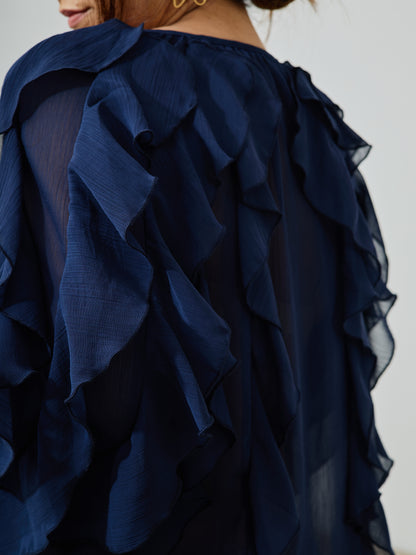 Blusa Boho Folhos Azul Marinho