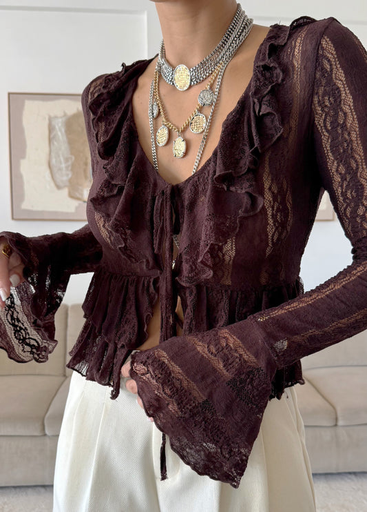 Braune Boho-Bluse aus Spitze
