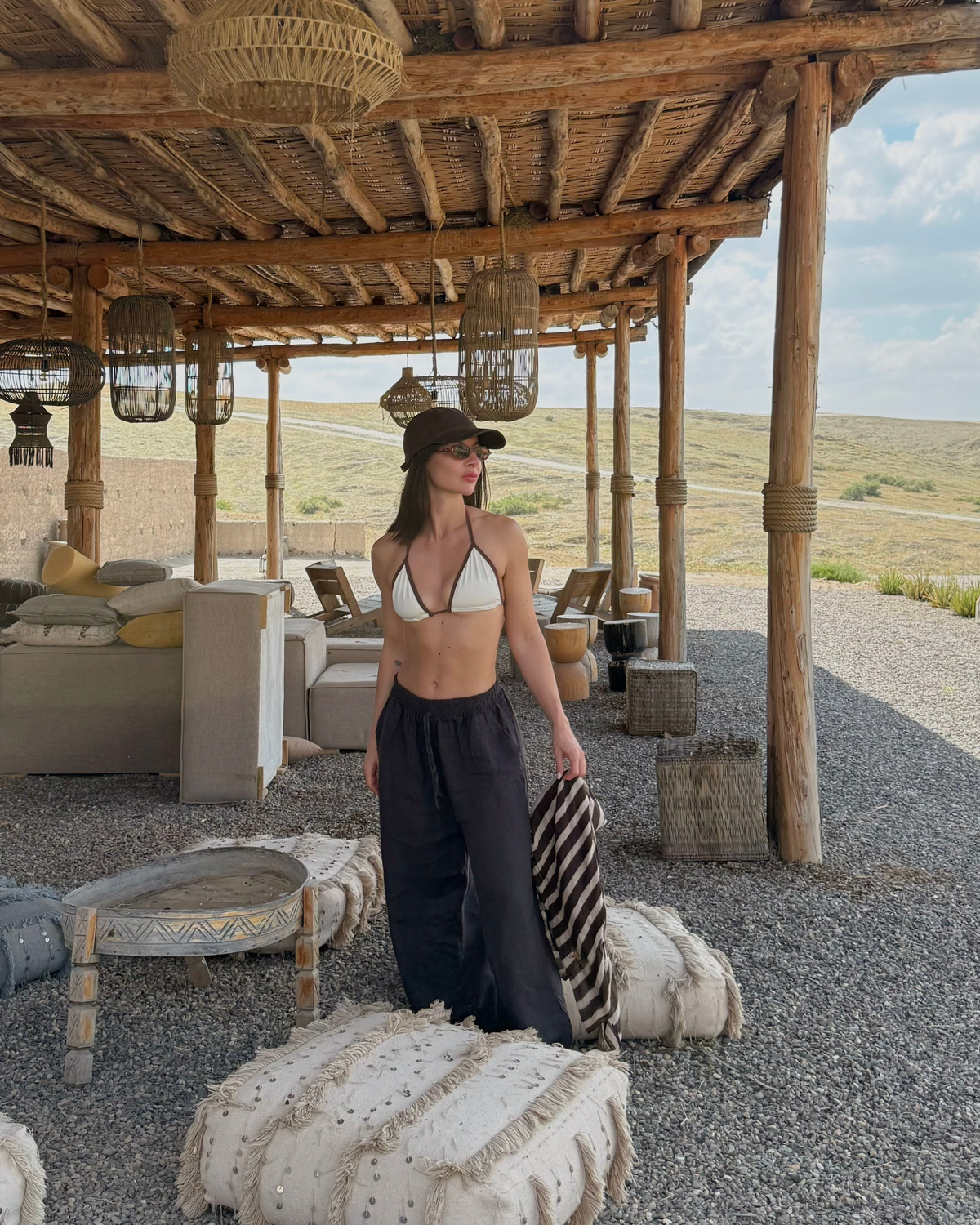Ensemble chemise courte en lin marron avec nœud