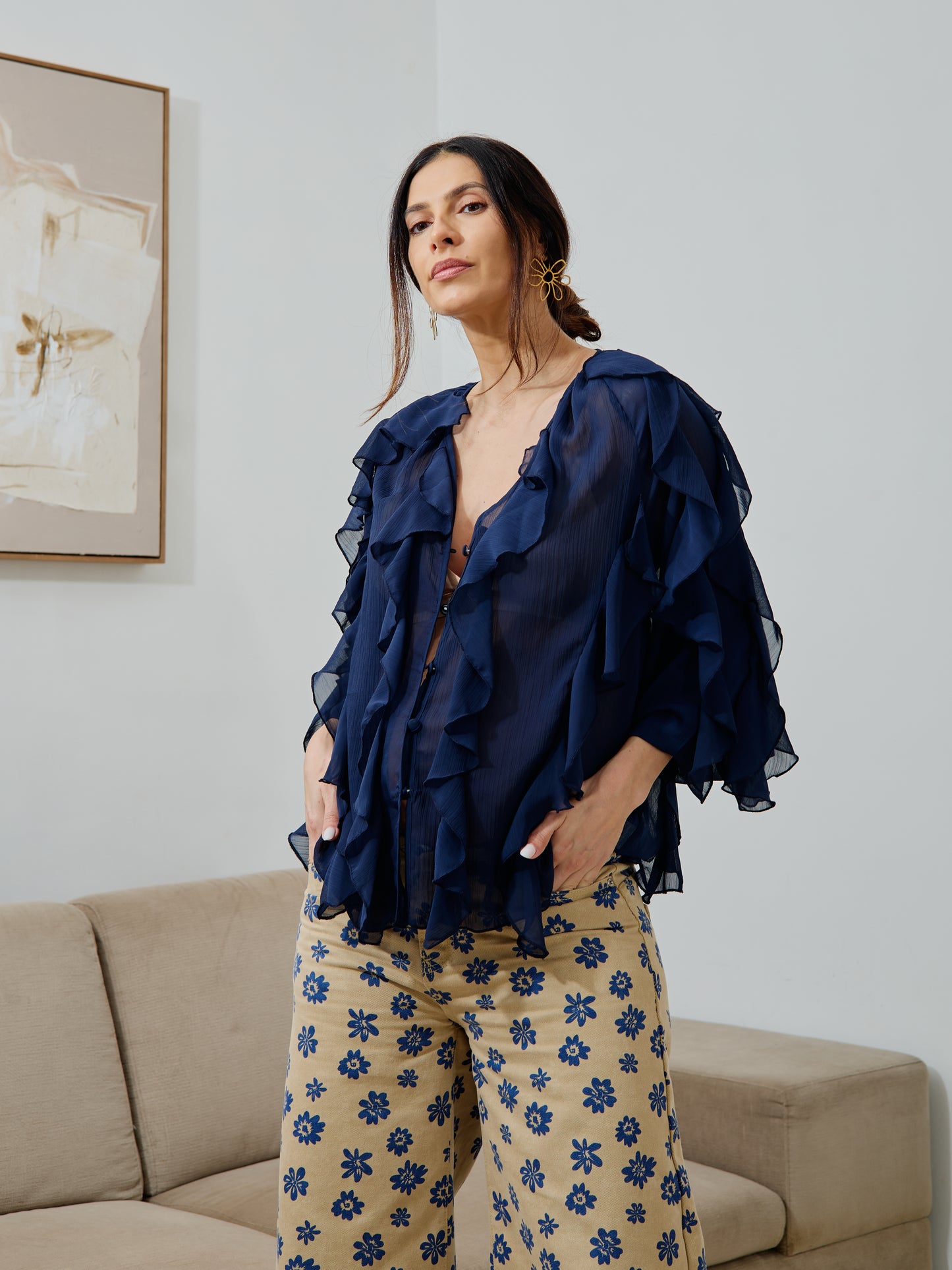 Blusa Boho Folhos Azul Marinho