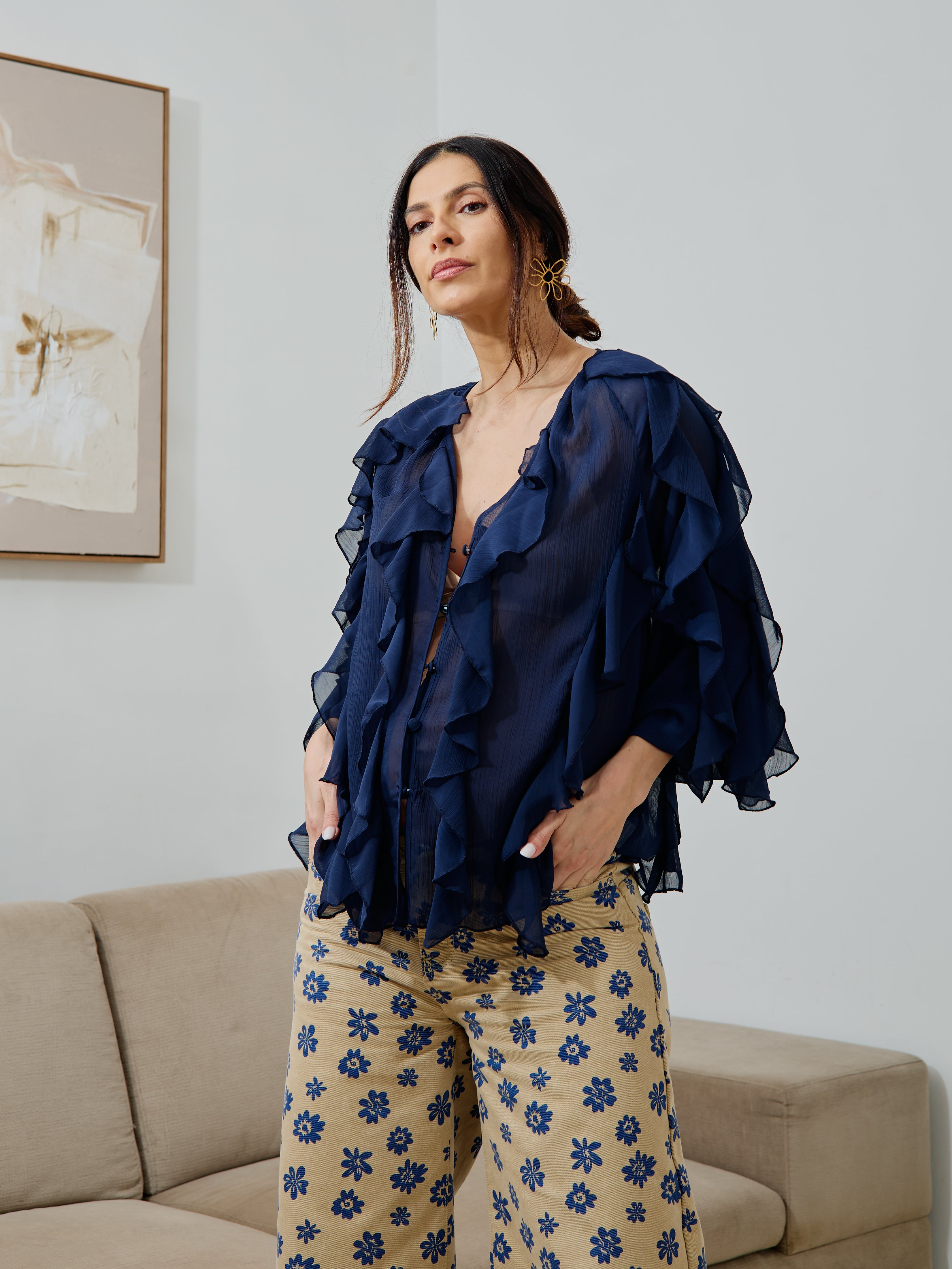 Blusa Boho Folhos Azul Marinho