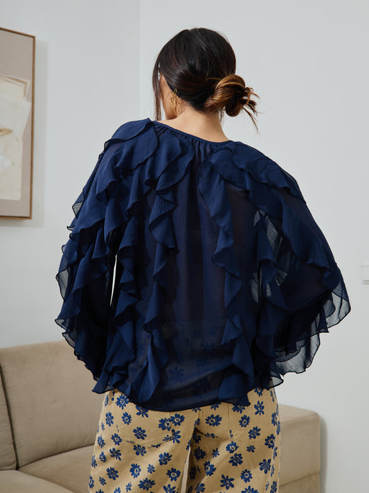 Blusa Boho Folhos Azul Marinho