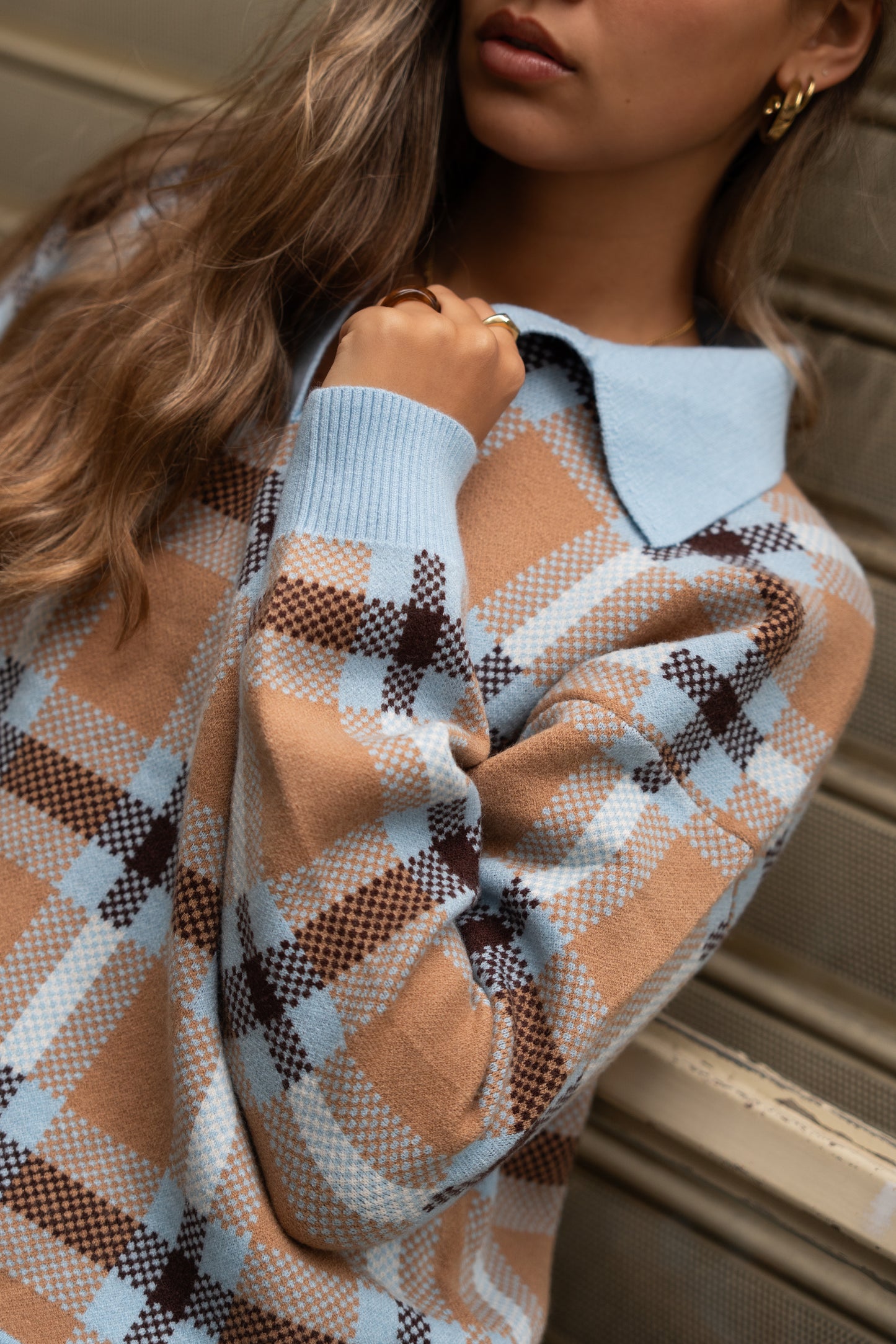 Camisola Malha Xadrez Gola Azul