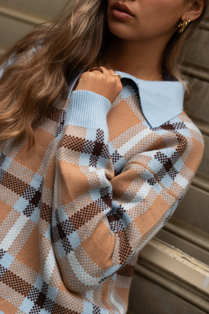 Camisola Malha Xadrez Gola Azul