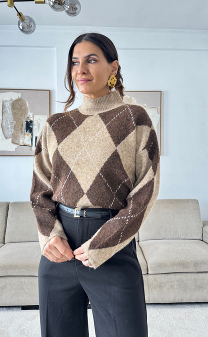 Oversized Argyle Knit Sweater - Terra