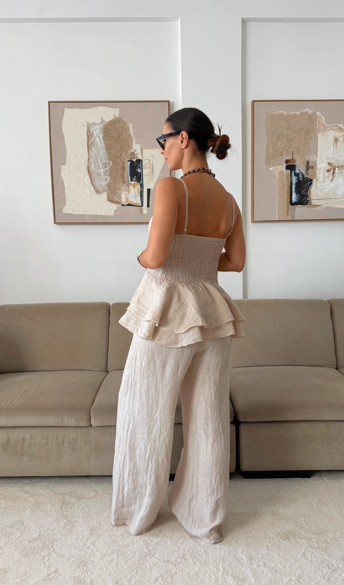 Ensemble haut à volants en lin beige