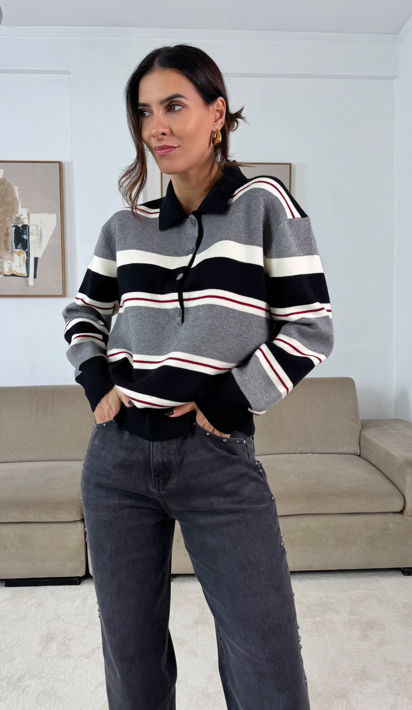 Black and Gray Striped Knit Polo Shirt