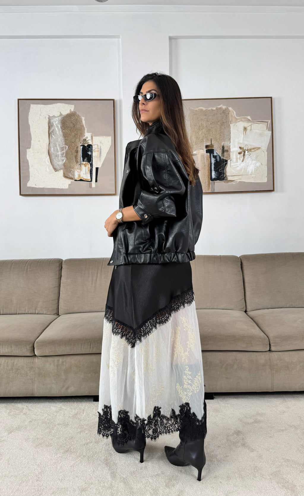 Black Satin Skirt with Lace