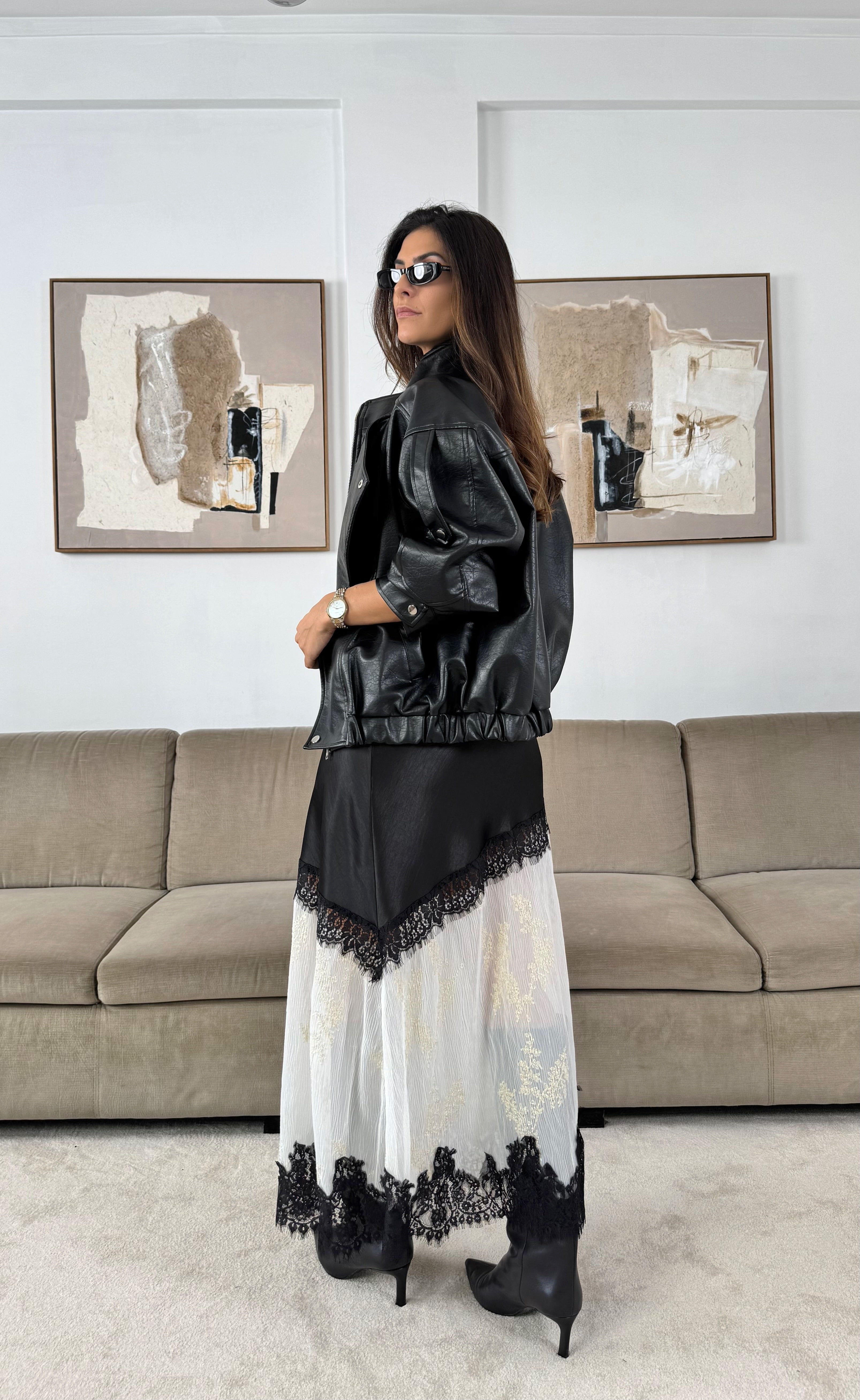 Black Satin Skirt with Lace