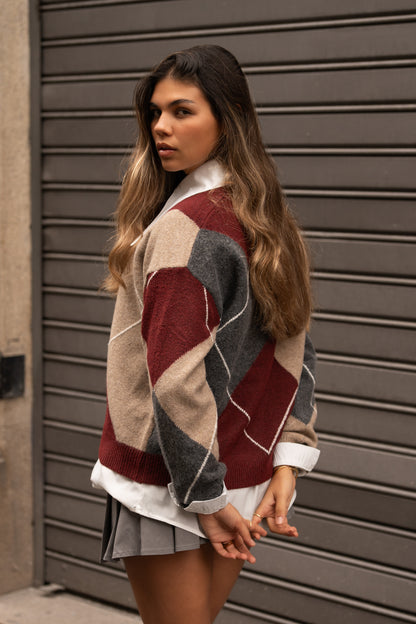 Camisola Malha Padrão Argyle Tom Bordeaux