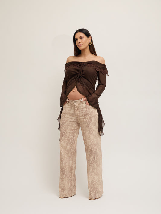 Calças Wide Leg Padrão Bambi Desgastado