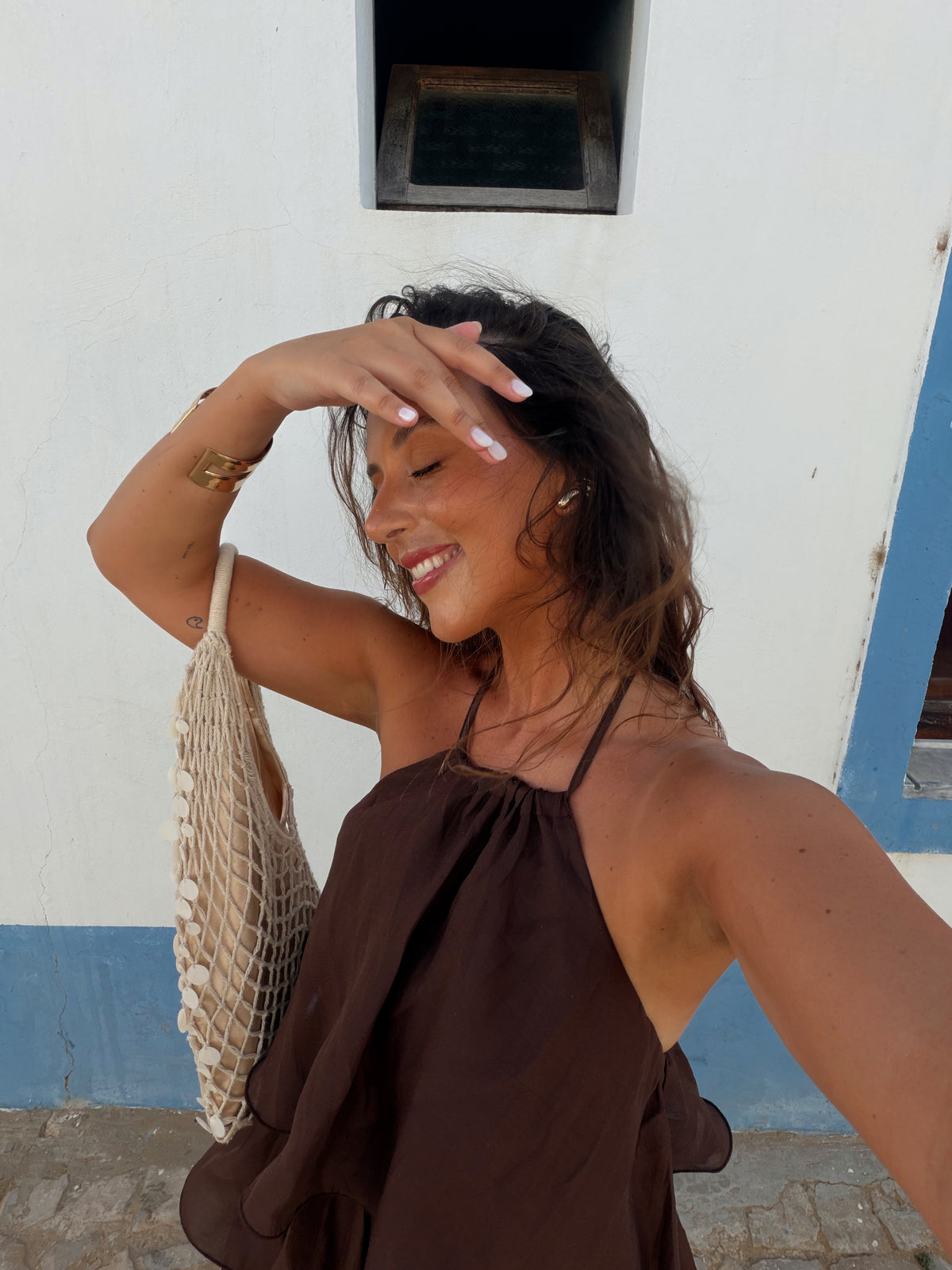 Vestido Folhos Open Back Castanho