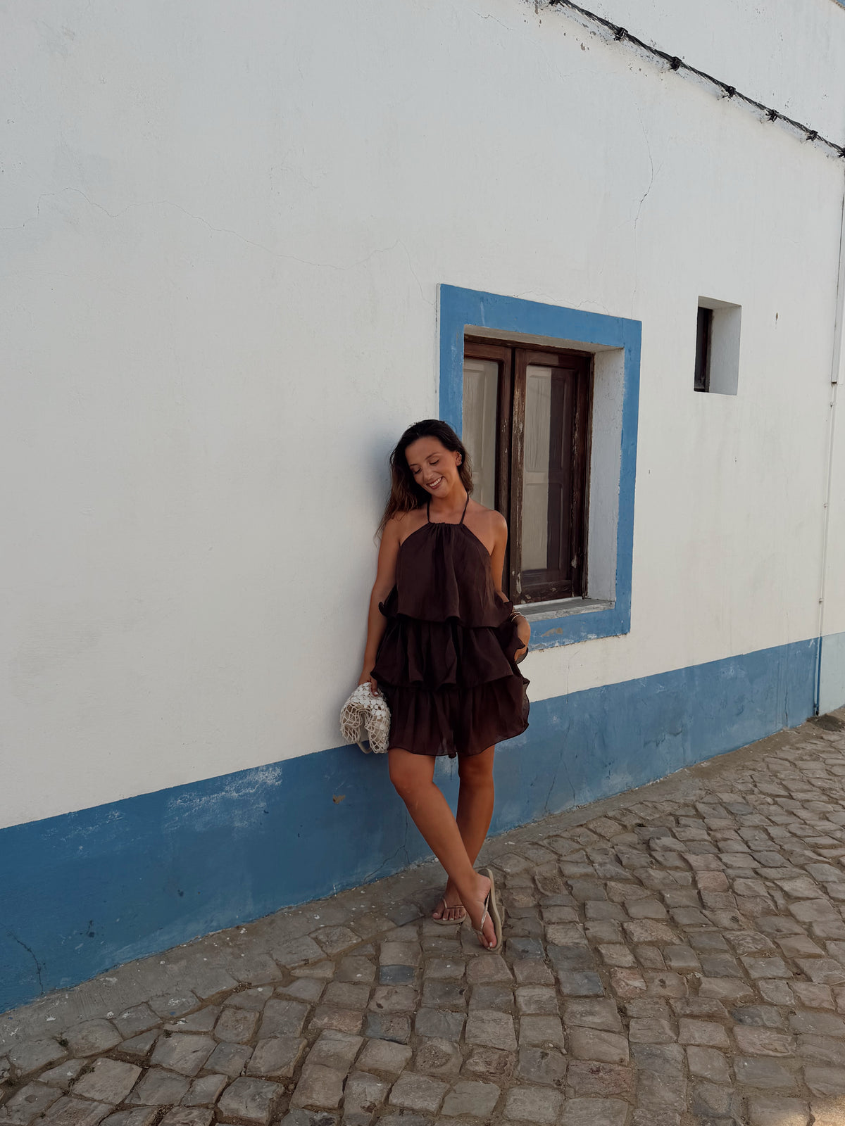 Vestido Folhos Open Back Castanho