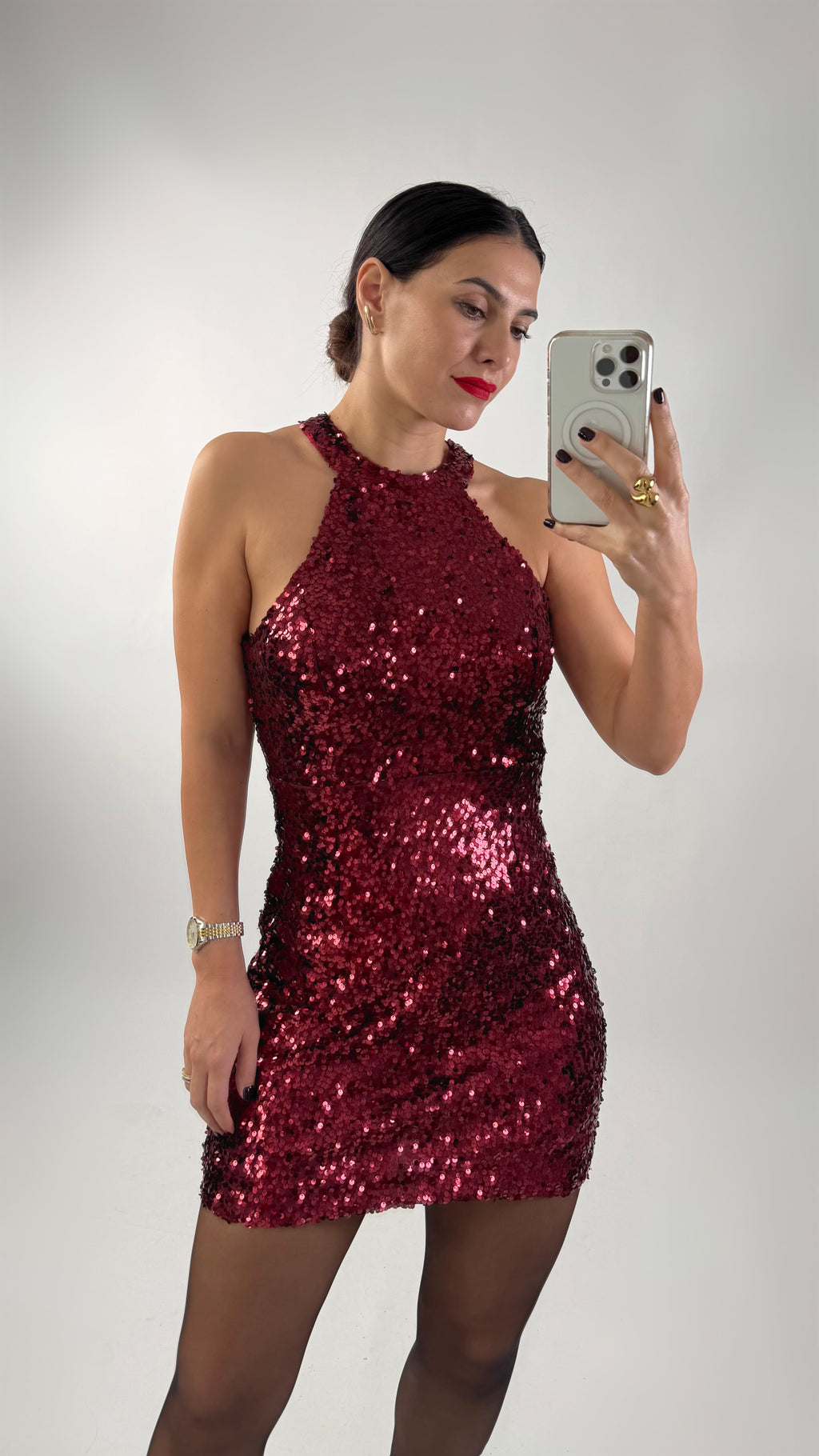 Vestido Decote Halter Lantejoulas Bordeaux