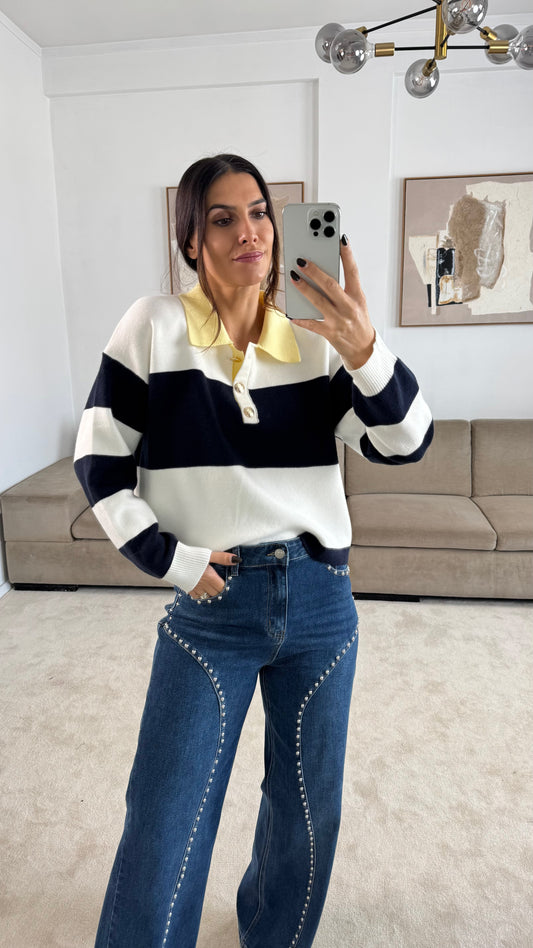 Polo Shirt with Striped Collar, Butter Yellow