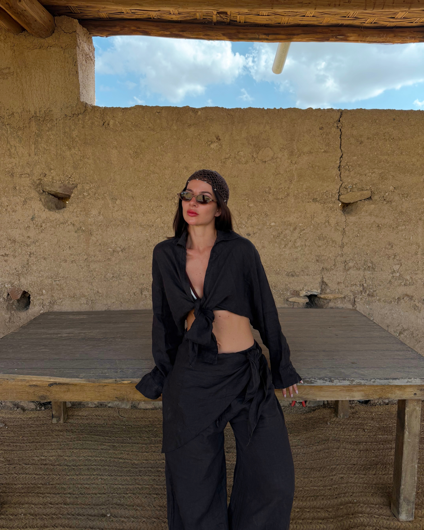 Brown Linen Cropped Shirt Set with Knot Detail
