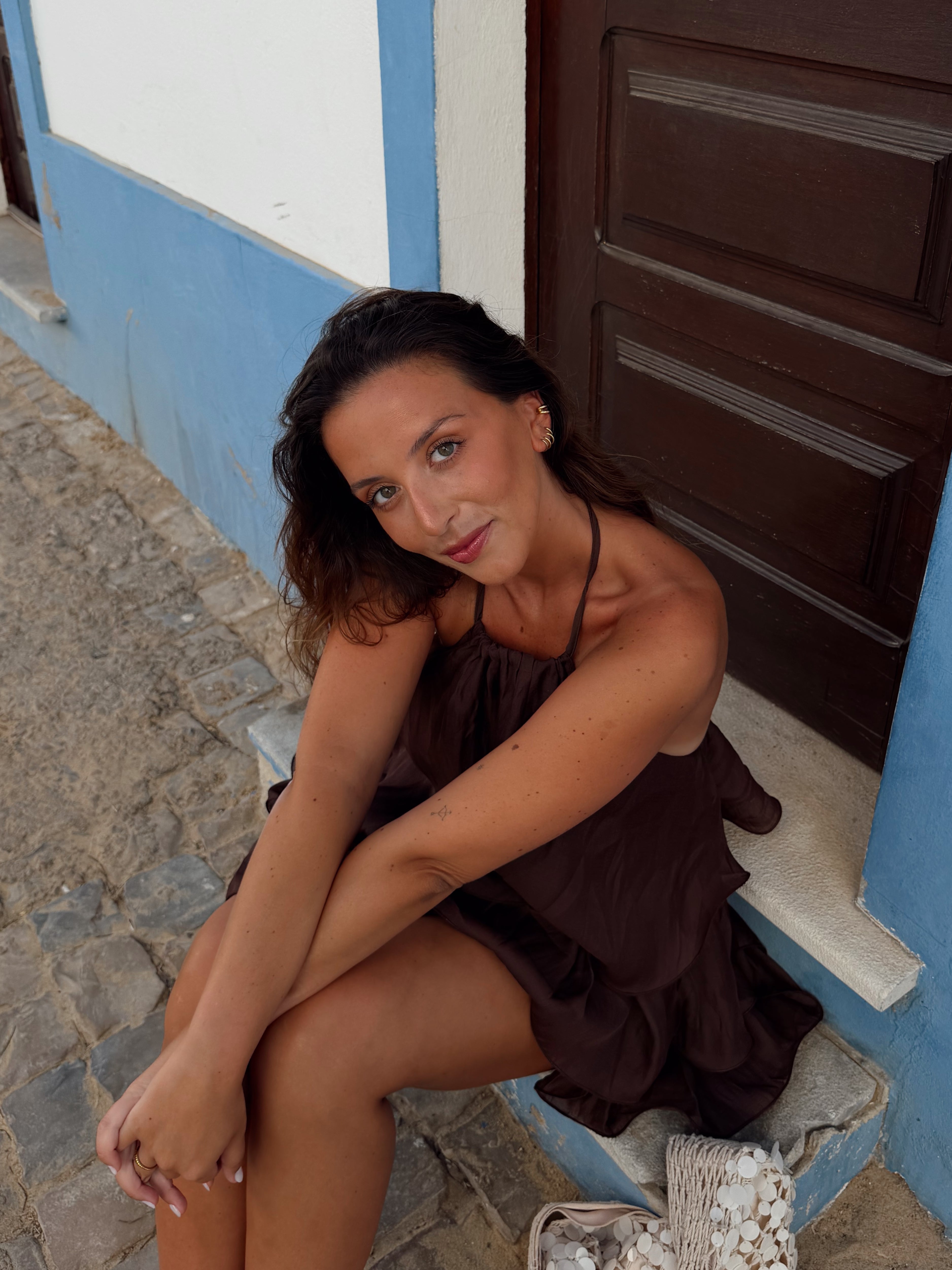 Vestido Folhos Open Back Castanho