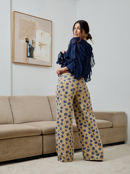 Pantaloni a gamba larga con stampa floreale blu