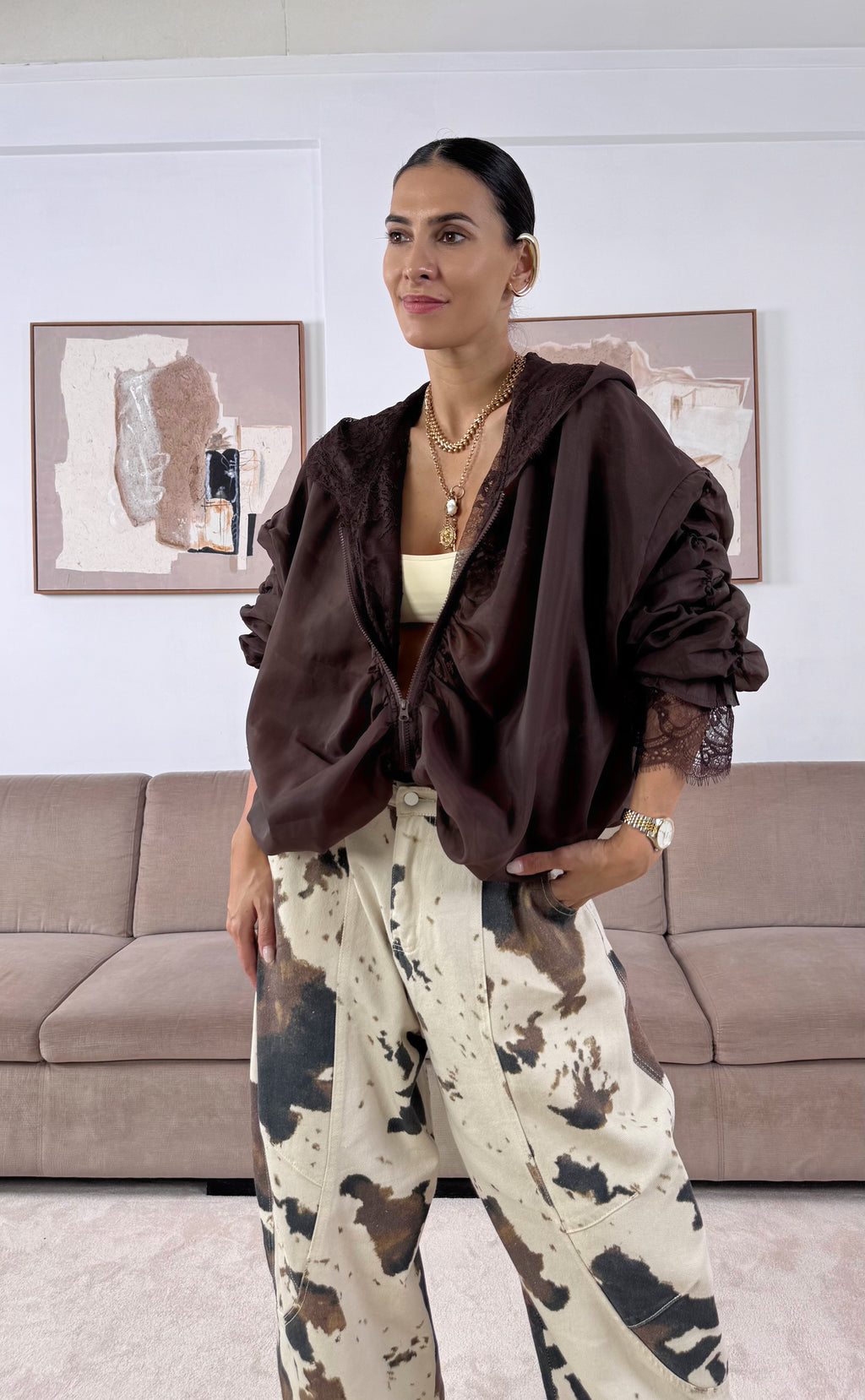 Giubbotto bomber in pizzo marrone
