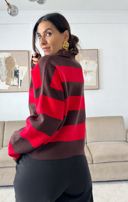 Red and Chocolate Striped Knit Polo Shirt