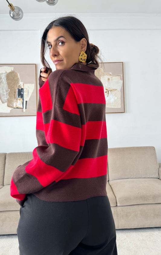 Red and Chocolate Striped Knit Polo Shirt