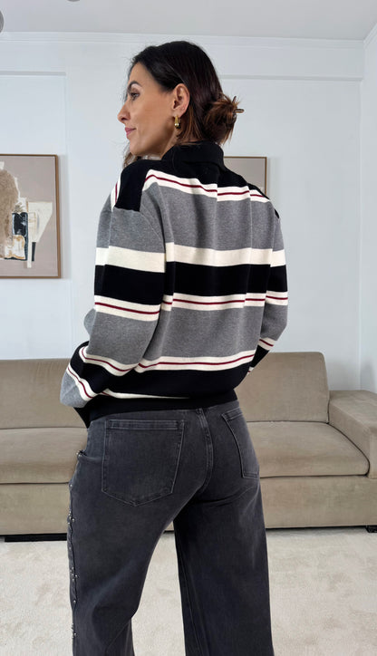 Black and Gray Striped Knit Polo Shirt