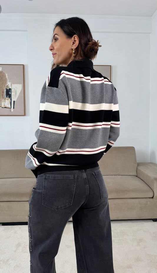 Black and Gray Striped Knit Polo Shirt