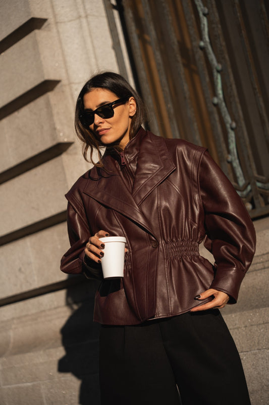 Bordeaux Faux Leather Fitted Blouse