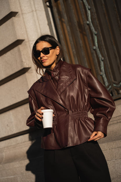 Bordeaux Faux Leather Fitted Blouse