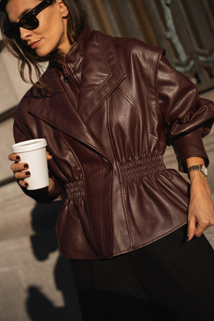 Bordeaux Faux Leather Fitted Blouse