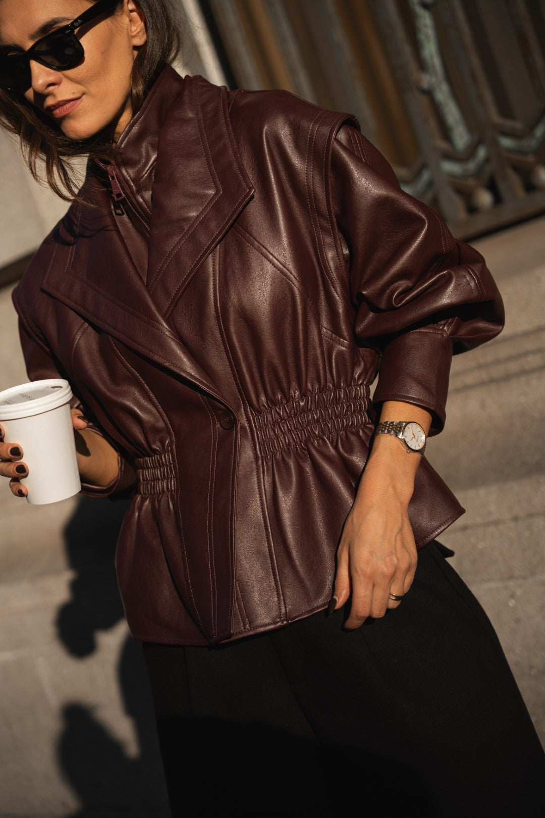 Bordeaux Faux Leather Fitted Blouse