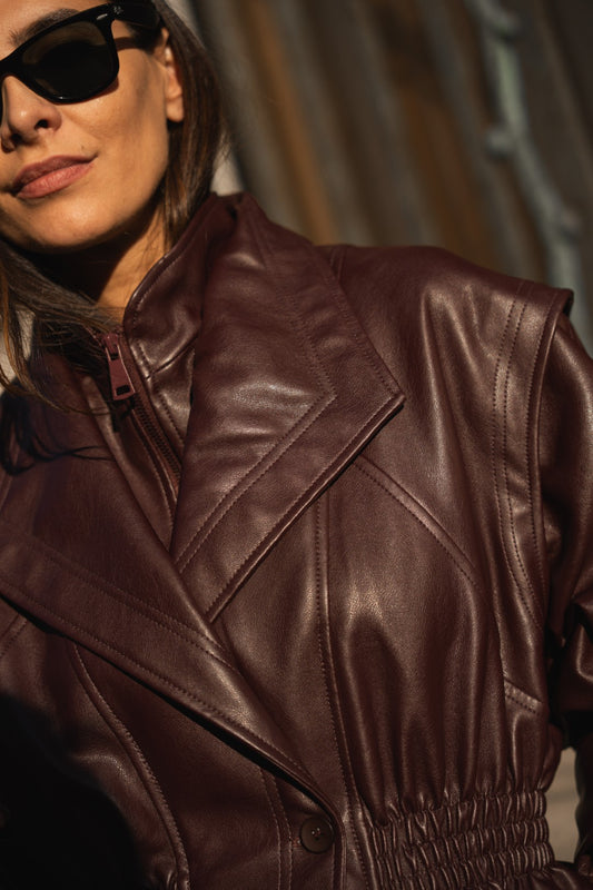 Bordeaux Faux Leather Fitted Blouse