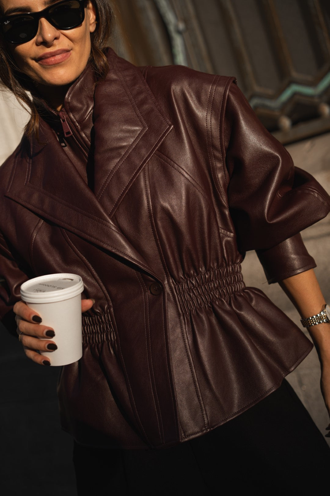 Bordeaux Faux Leather Fitted Blouse