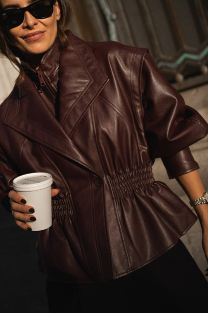 Bordeaux Faux Leather Fitted Blouse