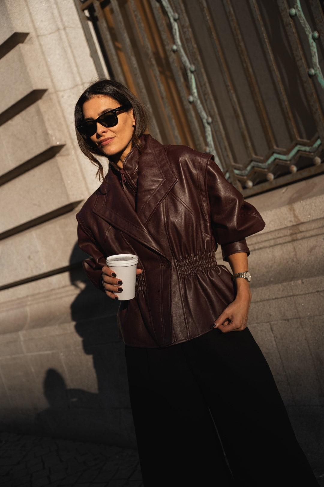 Bordeaux Faux Leather Fitted Blouse