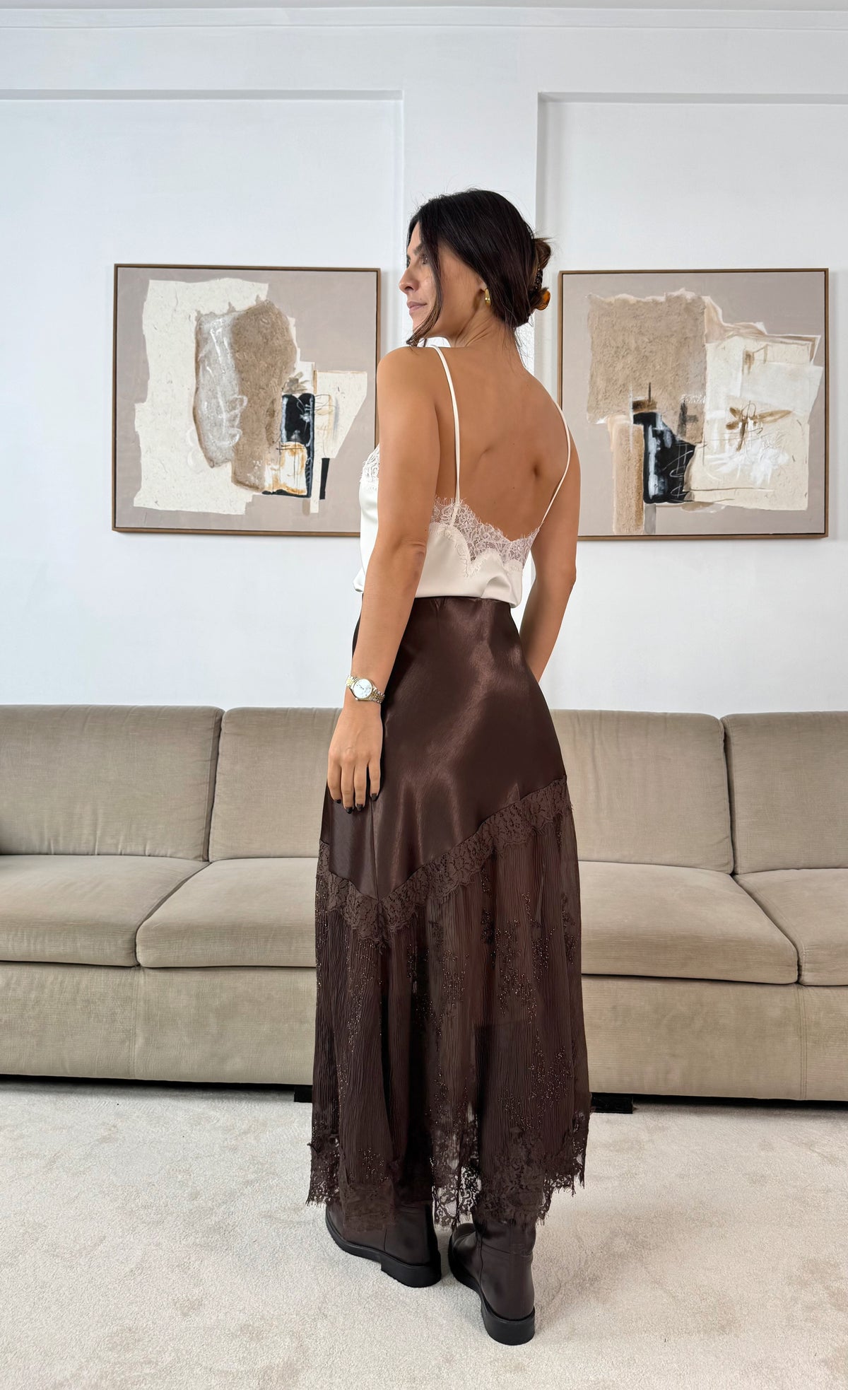 Brown Satin Skirt with Lace