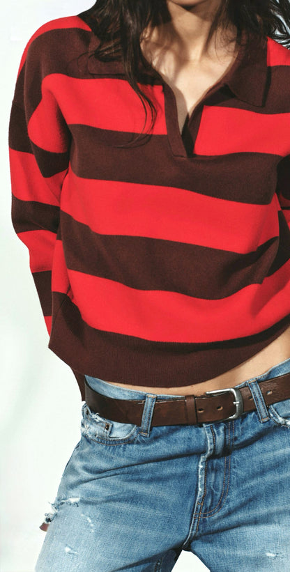 Red and Chocolate Striped Knit Polo Shirt