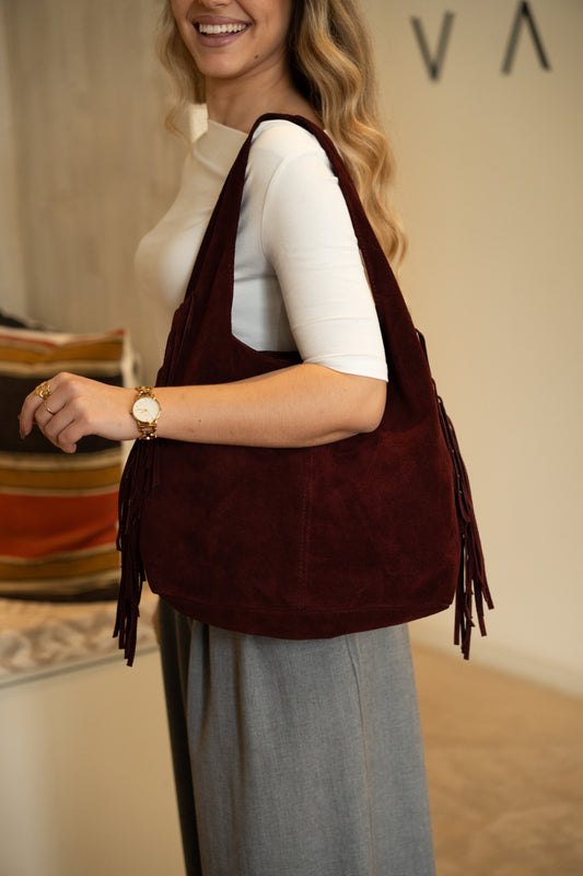 Bordowa torba na ramię ze zamszu