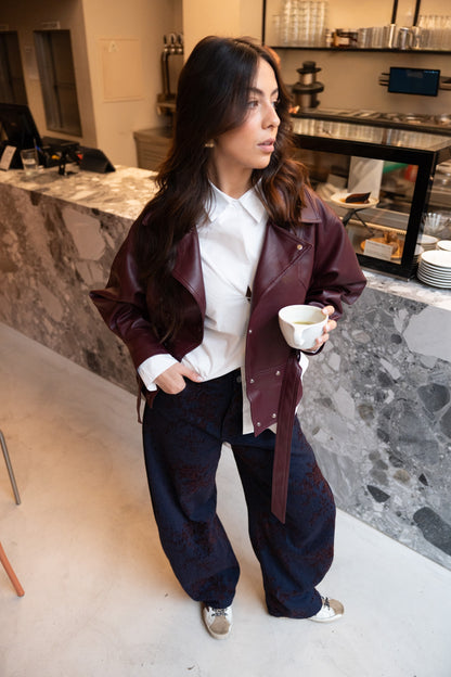 Spodnie Balonowe Aksamitne Wzór Kwiatowy Bordeaux